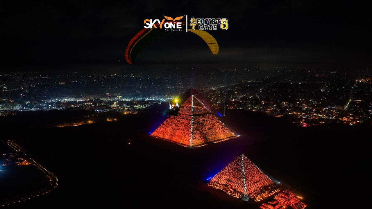 Night flight over the Pyramids of Giza